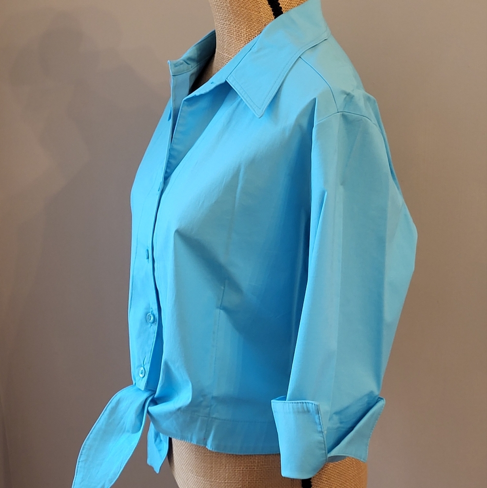 Cactus Flower Large Blue Cotton Tie Waist Top - Picture 2 of 8